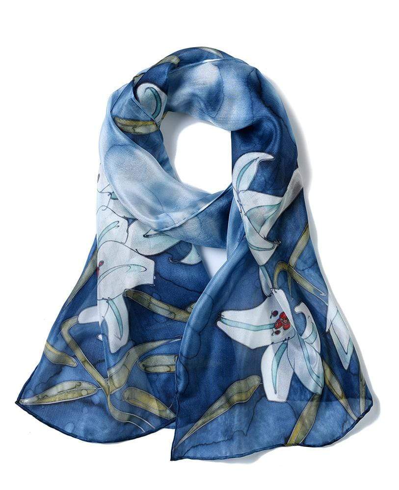 Invisible World EU Silk Scarves Hand Painted Silk Paj Neck Scarf - Blue Lilly
