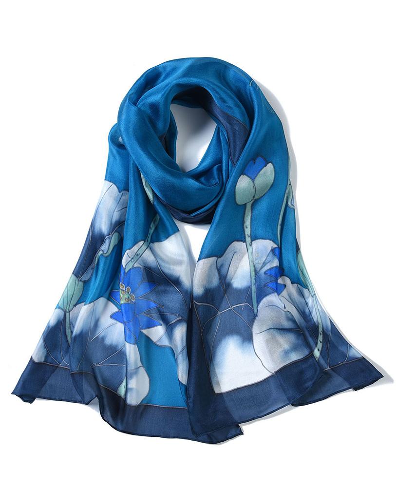 Invisible World EU Silk Scarves Hand Painted Silk Paj Neck Scarf - Blue Lotus