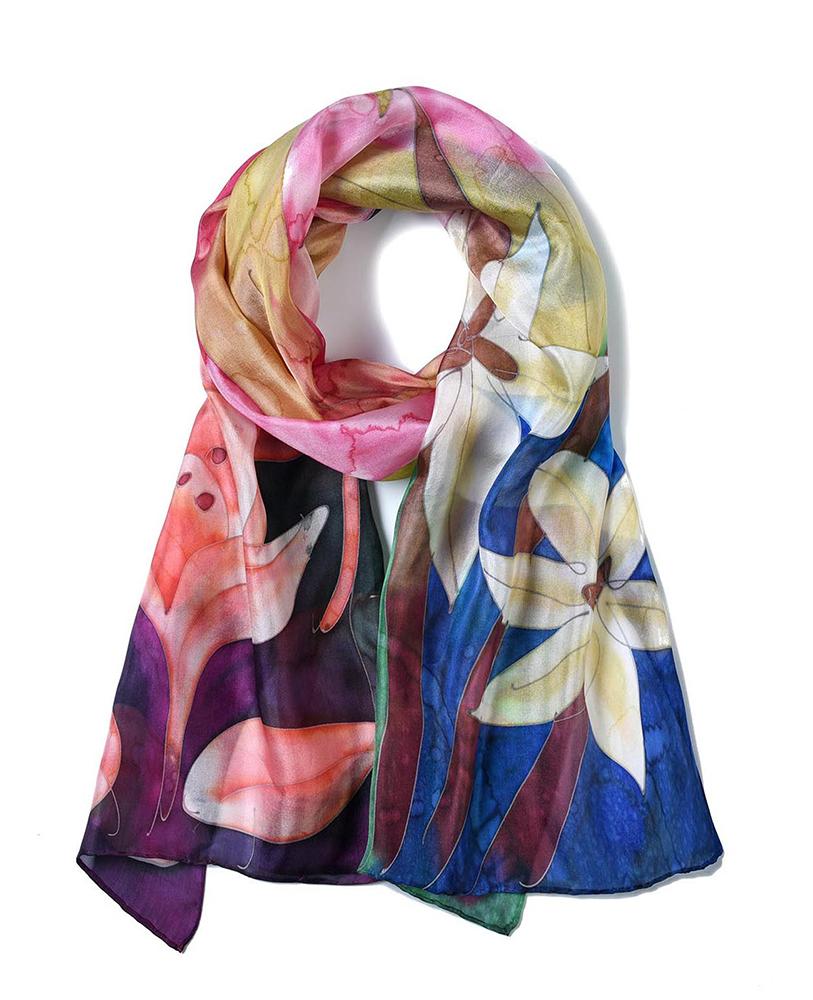 Invisible World EU Silk Scarves Hand Painted Silk Paj Neck Scarf - Daylilly